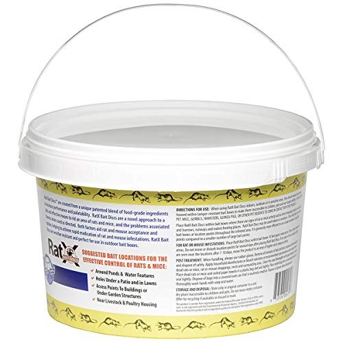 Side view of white handled bucket container of EcoClear RatX bait discs with directions and suggested bait locations