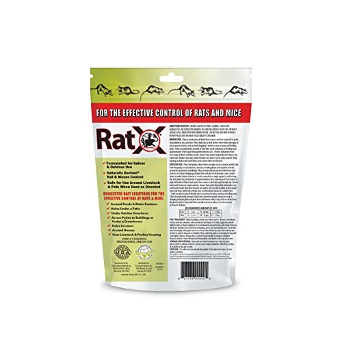 Back view of RatX 18oz resealable bag displaying directions for use indoor outdoor and suggested bait locations