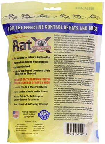 Back view of RatX Bait Discs resealable bag displaying directions for use and product bullet points