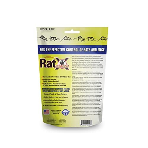 Back view of RatX Bait Discs resealable 1lb bag showing product features and suggested bait locations list